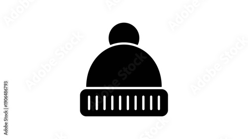 Simple black silhouette icon of a winter knitted beanie hat with a pom-pom, isolated on a clean white background for cold weather fashion or ski gear design.