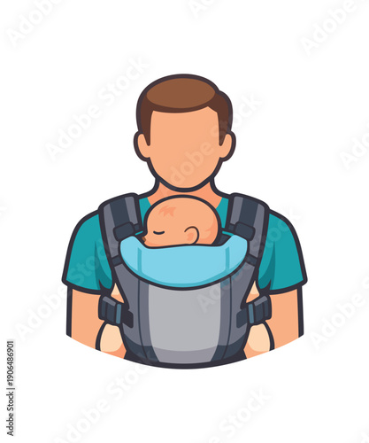 parent wearing baby ergonomic carrier with wide strap and head support comfortable babywearing close to body clean shapes. colored flat icon vector illustration