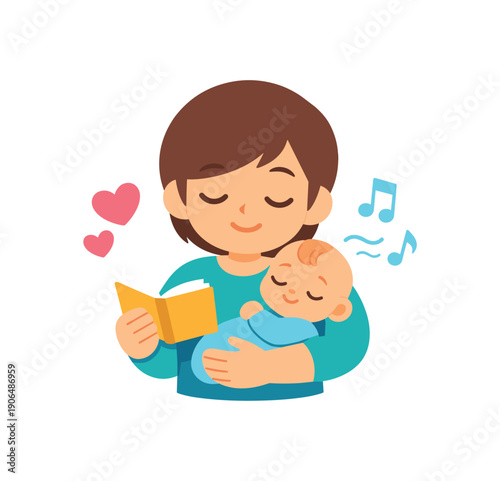 parent reading quiet story to baby arms tiny book and heart soothing voice care clean shapes. colored flat icon vector illustration