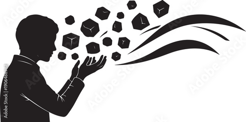 Silhouette of a boy releasing geometric shapes into air
