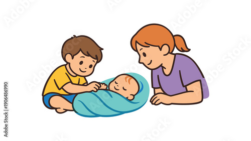 older sibling sitting nearby gently touching baby while parent watches careful introduction of sibling to newborn clean shapes. colored flat icon vector illustration