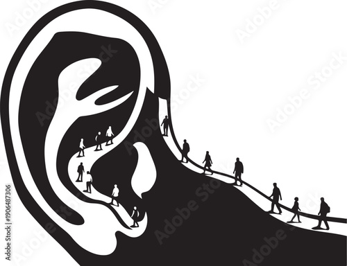People walking on a path through a giant ear