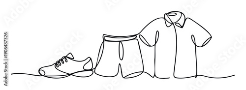 A continuous line drawing showcasing essential sports clothing and footwear including a sneaker, shorts, and a collared shirt perfect for active lifestyle and athletic apparel campaigns