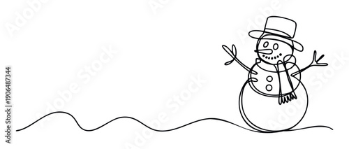Simple line drawing of a smiling snowman wearing a hat and scarf standing on a snowdrift, perfect for winter holiday greetings, seasonal invitations, or festive event promotions.