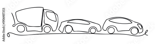 Continuous line drawing of a commercial truck followed by two passenger cars representing modern transportation, logistics, and vehicle flow concepts for various applications.