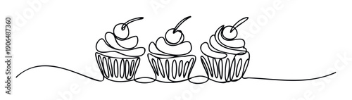 Continuous line drawing of three sweet cupcakes with cherries on top, perfect for bakery branding, dessert shop menus, or confectionery advertising materials