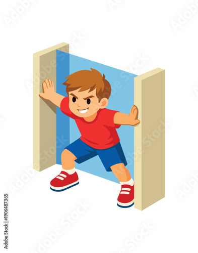 kid standing doorway pressing arms to sides against frame isometric heavy work clean shapes. colored flat icon vector illustration
