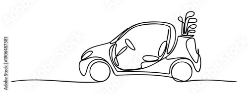 Continuous line drawing illustrating a compact twoseater car with a golf bag and clubs, ideal for showcasing a luxury sport hobby, promoting golfing activities, or for modern transportation