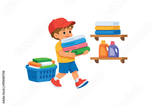kid carrying stack of folded towels from basket to shelf rhythmic home heavy work clean shapes. colored flat icon vector illustration