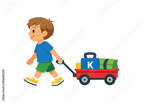 kid walking while gently pulling weighted wagon behind proprioceptive loading task clean shapes. colored flat icon vector illustration