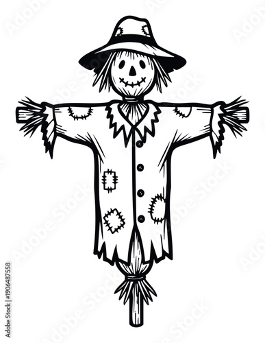 Rustic stylized scarecrow figure dressed in a tattered hat and patched shirt with straw details, perfect for fall season decorations, harvest festival marketing, and Halloween event