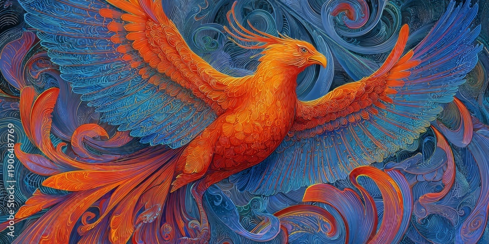 Obraz premium Colorful artistic depiction of a phoenix rising from the flames, showcasing vibrant feathers and intricate swirling patterns in bold shades of orange and blue.