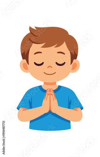 kid pressing palms together front of chest mindful pause gesture clean shapes. colored flat icon vector illustration