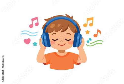 child listening to music with headphones music notes floating calming audio tool clean shapes. colored flat icon vector illustration