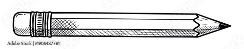 Black and white hand drawn sketch of a classic wooden pencil with an eraser and sharpened lead, perfect for education, school supplies, or creative writing projects.