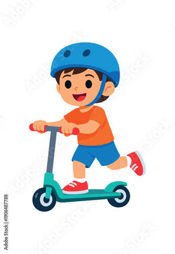 boy riding scooter with helmet daily active hobby clean shapes. colored flat icon vector illustration