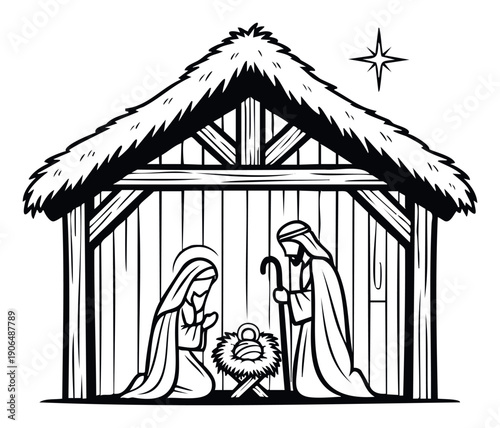 This classic nativity scene depicting Mary, Joseph, and baby Jesus in a humble stable beneath the guiding Star of Bethlehem is perfect for Christmas religious celebrations and faithbased