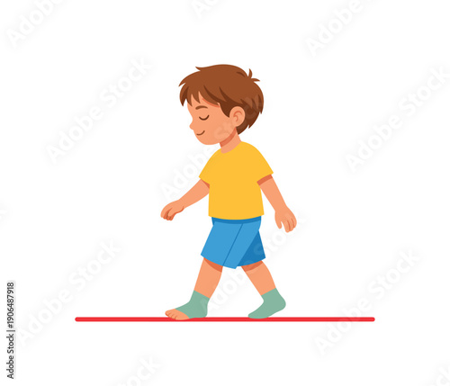 kid walking slowly along line on floor mindful walking grounding strategy clean shapes. colored flat icon vector illustration