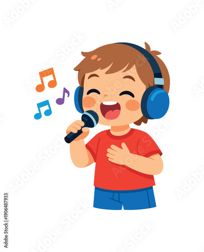 kid practicing singing into small microphone music hobby clean shapes. colored flat icon vector illustration
