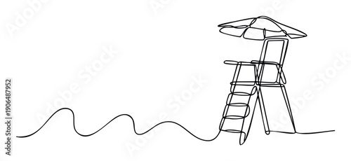 Minimalist continuous line drawing of a beach lifeguard chair with an umbrella and abstract wavy lines, perfect for summer vacation promotions, coastal safety awareness, or travel agency