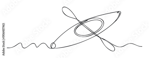 Minimalist continuous line drawing of a kayak with a paddle on water waves representing outdoor water sports and recreation for summer travel graphics