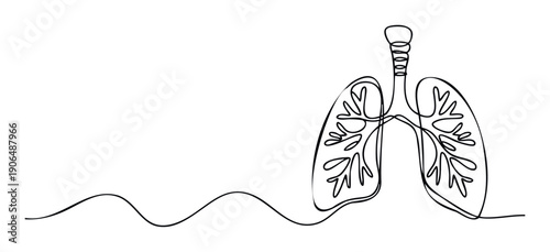 Minimalist single line drawing of human lungs connected by a continuous wavy line representing breath and healthy respiration for medical and wellness communication materials