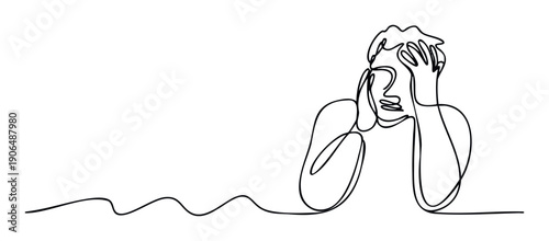 Continuous line drawing of a distressed person holding their head, ideal for conveying stress, anxiety, or mental health struggles in wellness publications or psychological resources.