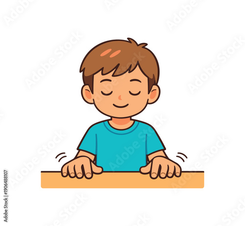 kid gently tapping fingers one by one on table rhythmic bilateral calming tool clean shapes. colored flat icon vector illustration