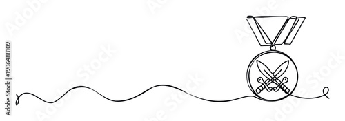 A continuous line drawing portraying a medal with crossed swords, symbolizing achievement and challenge, suitable for sports, military, or gaming awards and recognition graphics.