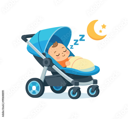 baby stroller reclined with sleeping infant and moon symbol nap on the go clean shapes. colored flat icon vector illustration