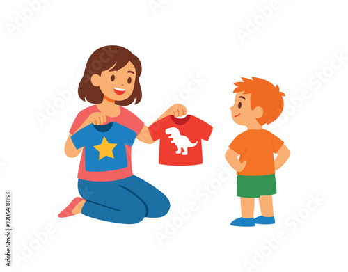 parent offering two picture choices to child shirt options simple empowered decisions for kids clean shapes. colored flat icon vector illustration