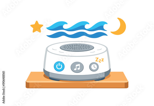 white noise machine on shelf with gentle wave sound for baby sleep clean shapes. colored flat icon vector illustration