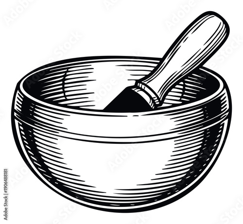 Engraving style illustration depicting a traditional Tibetan singing bowl with a mallet for sound therapy and meditation practices, perfect for wellness and spiritual content.
