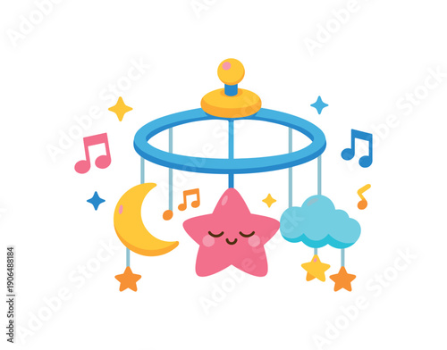 lullaby music mobile above crib with tiny musical notes and stars soothing baby sleep clean shapes. colored flat icon vector illustration