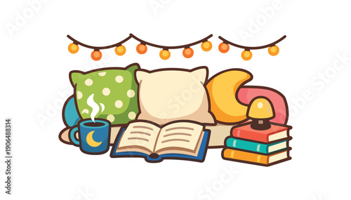 cozy reading nook with pillows string lights and small book stack mellow pre sleep time clean shapes. colored flat icon vector illustration