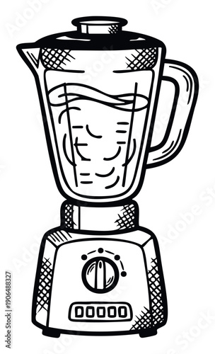 Sketched kitchen appliance blender with liquid inside a jug and control panel ideal for culinary projects recipe books or healthy lifestyle content