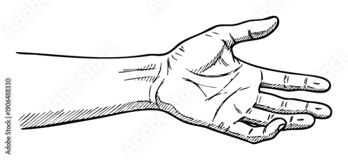 Human arm and hand extending forward with an open palm gesture symbolizing invitation connection or assistance for various communication and interactive media applications.