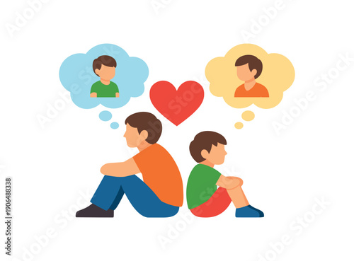 parent and child sitting back to back both with thought bubbles and heart center seeing each others perspective clean shapes. colored flat icon vector illustration