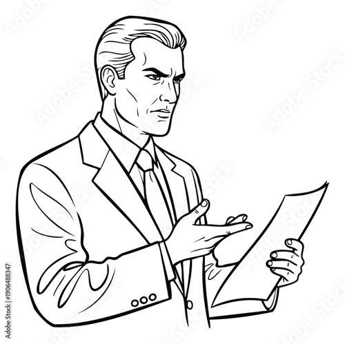 A stern businessman in a suit holds and points to a document with a serious expression, suitable for illustrating business communication, conflict, or important information review.