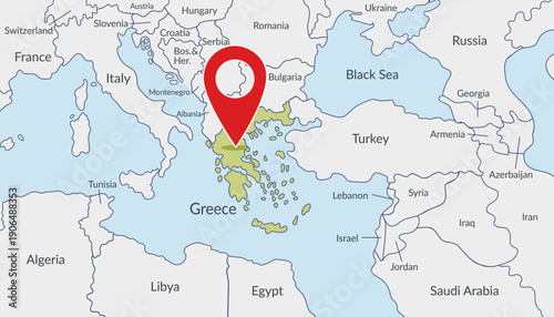 Greece on Europe map with pin location marker. Vector flat template.