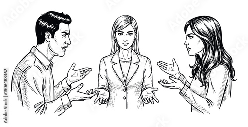 Man and two women discussing a complex issue with expressive hand gestures, representing communication challenges, seeking solutions, or a negotiation situation, useful for business and