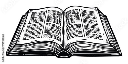 Open book with stylized text on its pages depicted in a graphic woodcut aesthetic suitable for symbolizing education learning and storytelling in various media applications