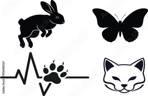 Rabbit, Butterfly, Cat, Paw Print with Heartbeat Icons - Vector Silhouettes