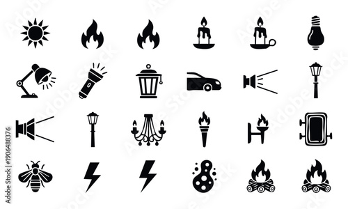 A versatile collection of black glyph icons illustrating various light sources, flames, energy, and related concepts, ideal for web graphics, mobile applications, and informational