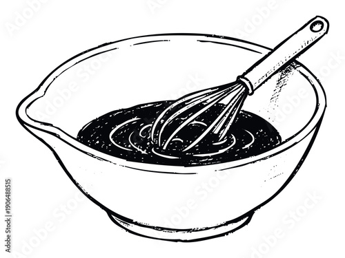A hand drawn sketch of a whisk mixing liquid in a bowl, perfect for food preparation concepts, culinary blog assets, cooking class promotions, or recipe book covers