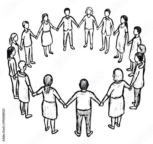 A united group of diverse individuals holding hands in a circular formation symbolizing community partnership support and teamwork ideal for social issues or collaborative projects