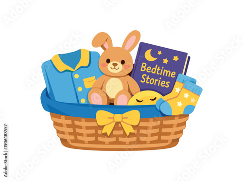 basket with pajamas socks plush toy and bedtime book evening kit for kids sleep clean shapes. colored flat icon vector illustration