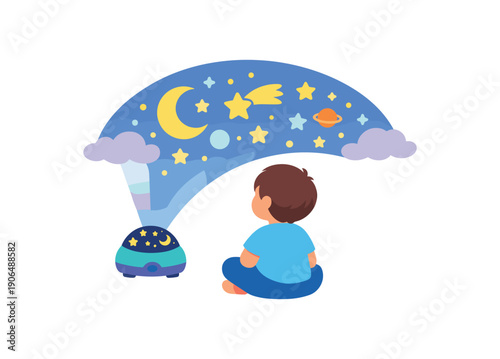 kid watching soft projection of stars on low light visual calming environment clean shapes. colored flat icon vector illustration