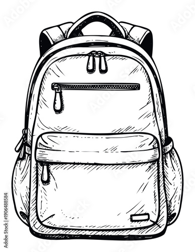 Hand drawn sketch of a versatile backpack featuring multiple compartments and durable zippers, perfect for educational materials, outdoor adventures, or travel gear applications.