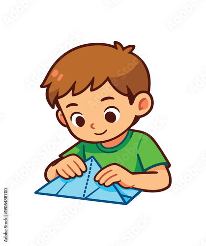 kid folding paper slowly along lines mindful repetitive hand task clean shapes. colored flat icon vector illustration